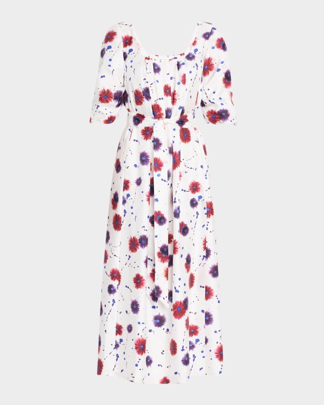 Payden Floral Print Silk Puff-Sleeve Midi Dress